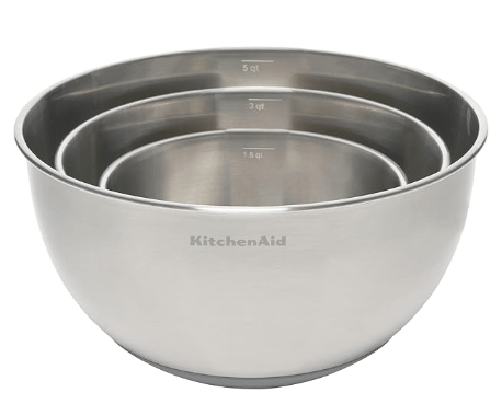 KitchenAid stainless steel mixing bowl with pour spout and measurements, food-grade 18/8 stainless, no coatings