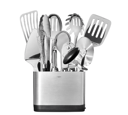 OXO Good Grips 15-piece stainless steel kitchen utensil set, dishwasher-safe, no plastic food-contact surfaces