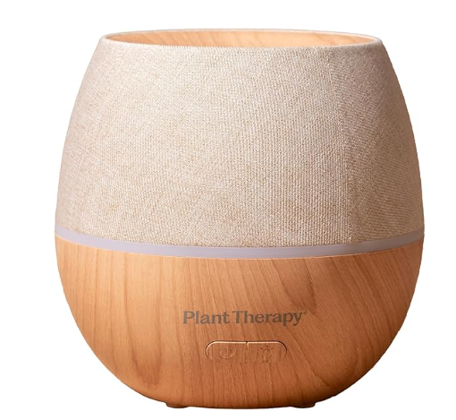 Plant Therapy Drift Linen Essential Oil Diffuser, linen-textured top, wood grain base, 300ml 10-hour run
