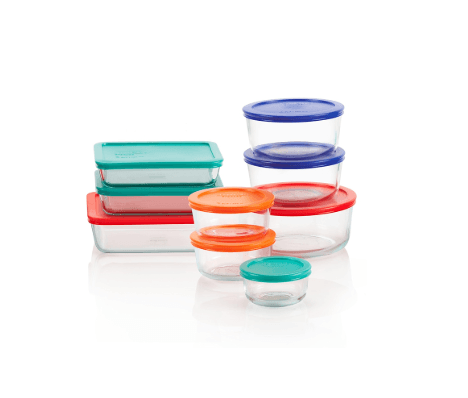 Pyrex Simply Store 9-pack glass food storage set with BPA-free lids and tempered glass containers