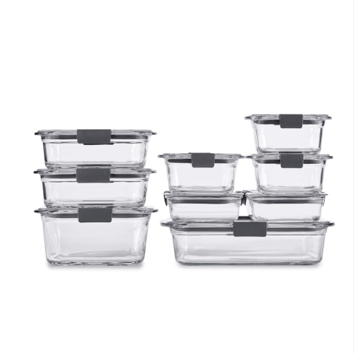Rubbermaid Brilliance 18-piece glass food storage set with airtight leak-proof lids