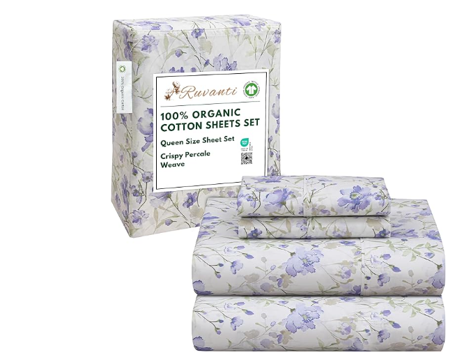 RUVANTI 100% GOTS certified organic cotton percale sheet set, breathable and cool