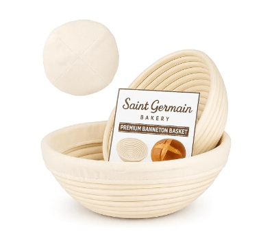 Saint Germain Bakery 9-inch round banneton bread proofing basket set of 2, natural rattan, dye-free, made by family business in Vietnam