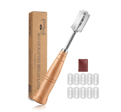 Saint Germain bread lame with wood handle, 304 stainless steel rod, 10 razor blades and leather storage cover