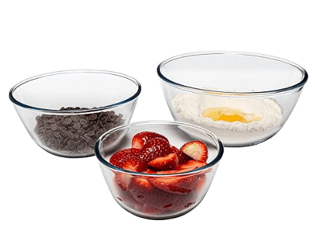 Simax borosilicate glass mixing bowl set of 3, made in Czech Republic, lead-free and cadmium-free, microwave and oven safe