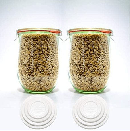 Set of 2 Weck 1-liter tulip glass jars with glass lids, rubber gaskets, and stainless steel clips