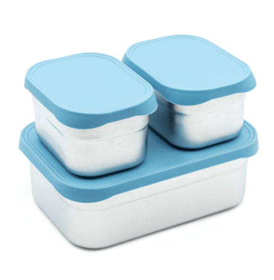WeeSprout 3-piece nesting stainless steel food storage containers with colorful silicone lids