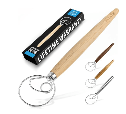 Zulay Kitchen 13-inch Danish dough whisk, stainless steel loop with wood handle, sourdough bread mixer tool